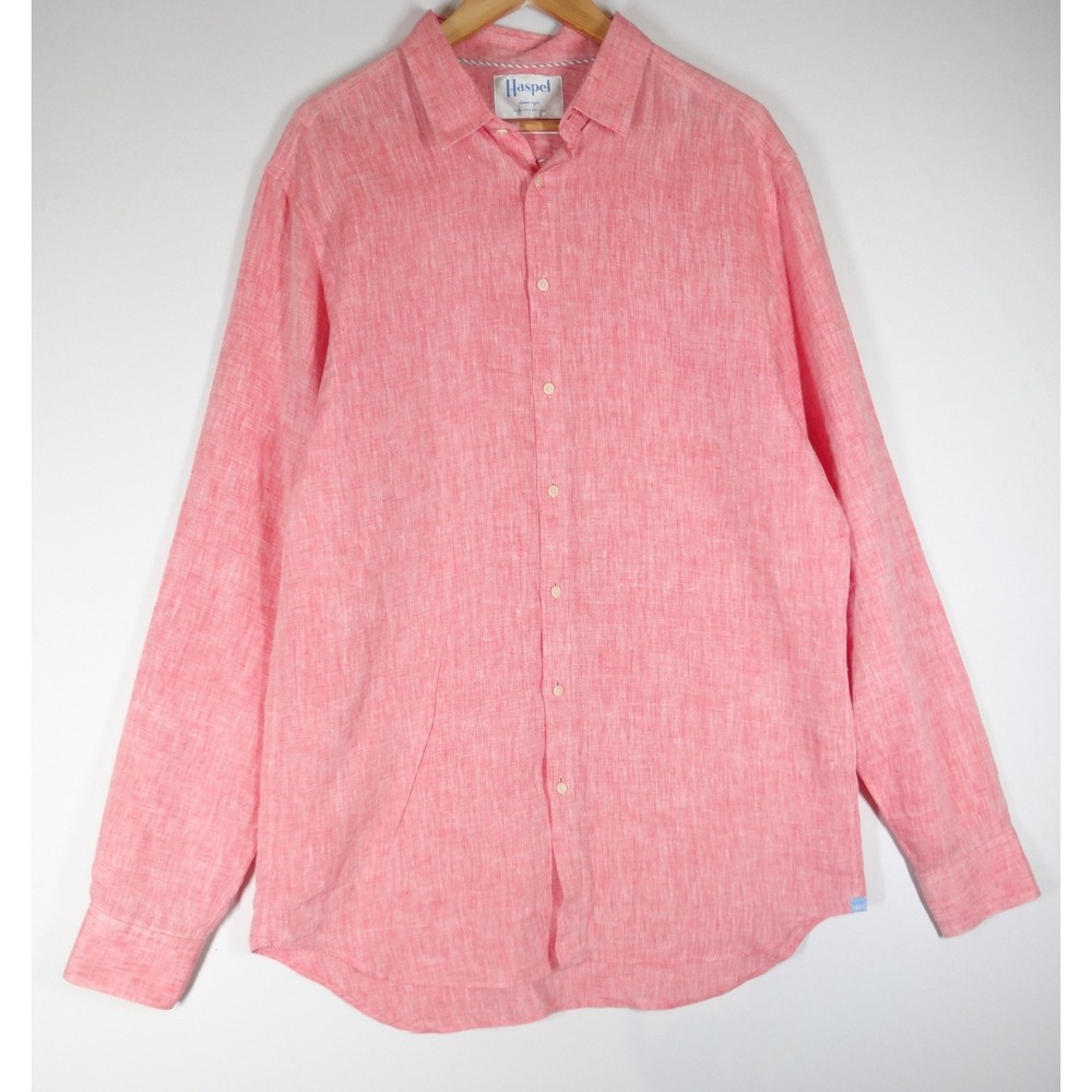 Haspel Linen Button Down Shirt Mens XXL Pink Long Sleeve Tailored Coastal Summer